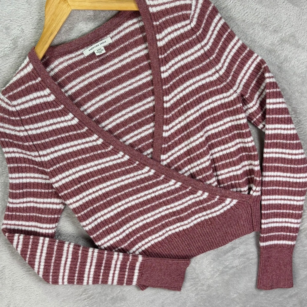 American Eagle Women's Wrap Sweater Mauve White Striped Ribbed Knit Sz S Cropped